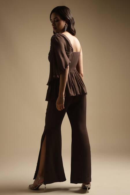 One Shoulder Peplum Top + High Waist Wide Leg Pants