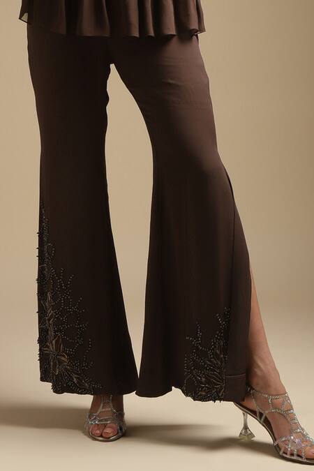 Sakshi Khetterpal Brown Georgette Embroidery One Shoulder Peplum Top And Bell Bottom Pant Set Online at Aza Fashions Sakshi Khetterpal_Brown Georgette Embroidery One Shoulder Peplum Top And Bell Bottom Pant Set _Online_at_Aza_Fashions