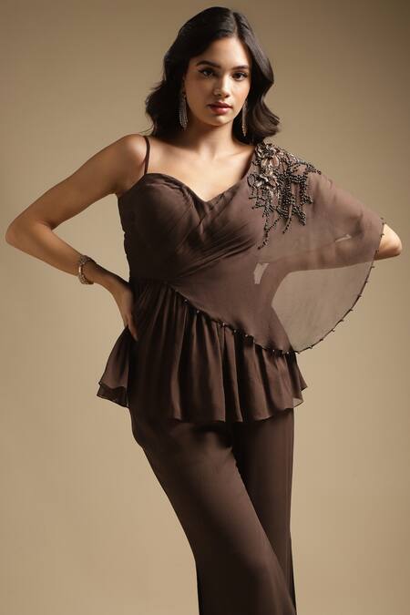 Buy Sakshi Khetterpal Brown Georgette Embroidery One Shoulder Peplum Top And Bell Bottom Pant Set Online at Aza Fashions Buy_Sakshi Khetterpal_Brown Georgette Embroidery One Shoulder Peplum Top And Bell Bottom Pant Set _Online_at_Aza_Fashions