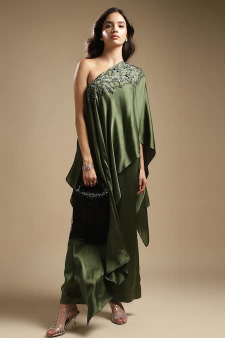 Sakshi Khetterpal Green Silk Crystals, Cut Work, Sequins, Neckline Embroidered Top And Pant Set Online at Aza Fashions Sakshi Khetterpal_Green Silk Crystals, Cut Work, Sequins, Neckline Embroidered Top And Pant Set _Online_at_Aza_Fashions