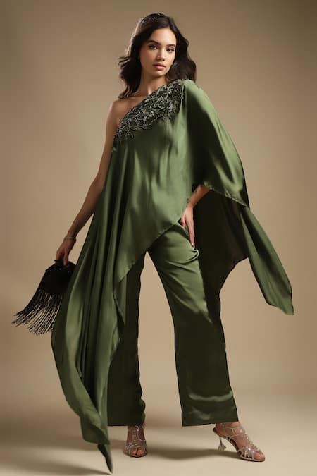 Shop Sakshi Khetterpal Green Silk Crystals, Cut Work, Sequins, Neckline Embroidered Top And Pant Set Online at Aza Fashions Shop_Sakshi Khetterpal_Green Silk Crystals, Cut Work, Sequins, Neckline Embroidered Top And Pant Set _Online_at_Aza_Fashions