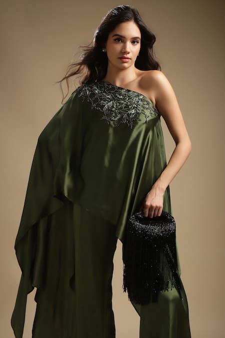 Sakshi Khetterpal Green Silk Crystals, Cut Work, Sequins, Neckline Embroidered Top And Pant Set at Aza Fashions Sakshi Khetterpal_Green Silk Crystals, Cut Work, Sequins, Neckline Embroidered Top And Pant Set _at_Aza_Fashions