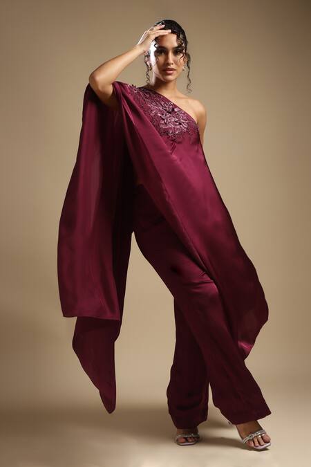 Sakshi Khetterpal Wine Silk, Cotton Sequins, Cut One Shoulder Neckline Embroidered Top And Pant Set Online at Aza Fashions Sakshi Khetterpal_Wine Silk, Cotton Sequins, Cut One Shoulder Neckline Embroidered Top And Pant Set _Online_at_Aza_Fashions