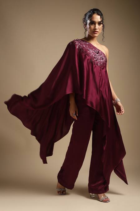 Buy Sakshi Khetterpal Wine Silk, Cotton Sequins, Cut One Shoulder Neckline Embroidered Top And Pant Set Online at Aza Fashions Buy_Sakshi Khetterpal_Wine Silk, Cotton Sequins, Cut One Shoulder Neckline Embroidered Top And Pant Set _Online_at_Aza_Fashions