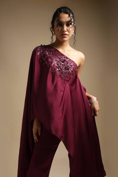 Shop Sakshi Khetterpal Wine Silk, Cotton Sequins, Cut One Shoulder Neckline Embroidered Top And Pant Set Online at Aza Fashions Shop_Sakshi Khetterpal_Wine Silk, Cotton Sequins, Cut One Shoulder Neckline Embroidered Top And Pant Set _Online_at_Aza_Fashions