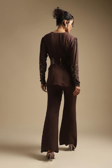 Shop Sakshi Khetterpal Brown Georgette, Linen Waistband Embroidered Shirt And Bell Bottom Pant Set at Aza Fashions Shop_Sakshi Khetterpal_Brown Georgette, Linen Waistband Embroidered Shirt And Bell Bottom Pant Set _at_Aza_Fashions