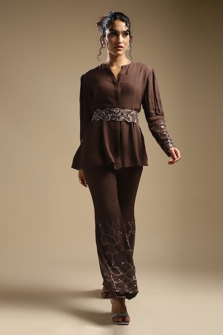 Sakshi Khetterpal Brown Georgette, Linen Waistband Embroidered Shirt And Bell Bottom Pant Set Online at Aza Fashions Sakshi Khetterpal_Brown Georgette, Linen Waistband Embroidered Shirt And Bell Bottom Pant Set _Online_at_Aza_Fashions