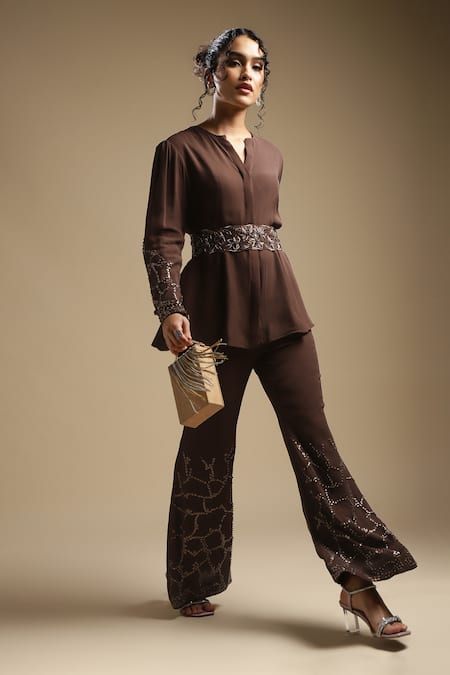 Buy Sakshi Khetterpal Brown Georgette, Linen Waistband Embroidered Shirt And Bell Bottom Pant Set Online at Aza Fashions Buy_Sakshi Khetterpal_Brown Georgette, Linen Waistband Embroidered Shirt And Bell Bottom Pant Set _Online_at_Aza_Fashions