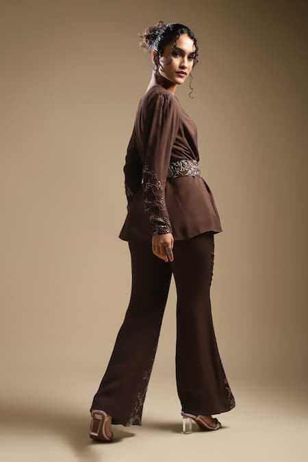 Shop Sakshi Khetterpal Brown Georgette, Linen Waistband Embroidered Shirt And Bell Bottom Pant Set Online at Aza Fashions Shop_Sakshi Khetterpal_Brown Georgette, Linen Waistband Embroidered Shirt And Bell Bottom Pant Set _Online_at_Aza_Fashions