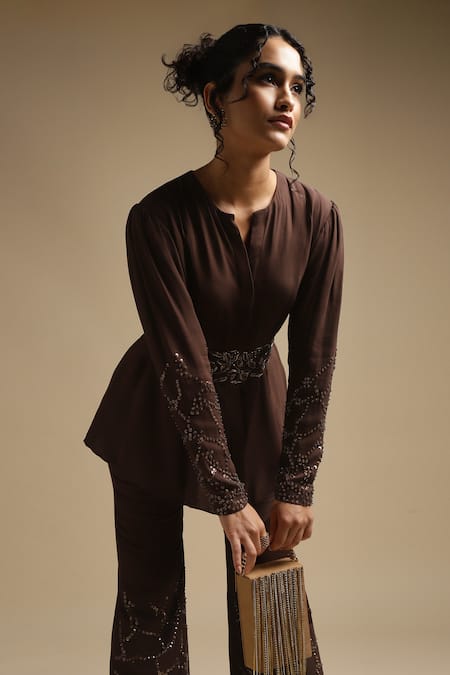 Sakshi Khetterpal Brown Georgette, Linen Waistband Embroidered Shirt And Bell Bottom Pant Set at Aza Fashions Sakshi Khetterpal_Brown Georgette, Linen Waistband Embroidered Shirt And Bell Bottom Pant Set _at_Aza_Fashions