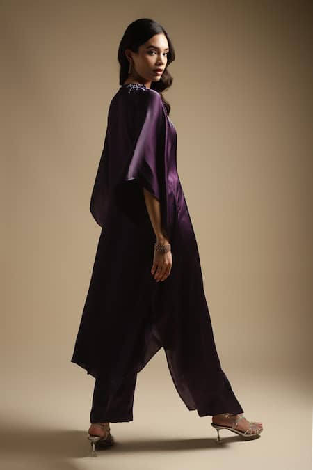 Shop Sakshi Khetterpal Purple Cotton, Satin Crystals, Cut Work, Gothic Embroidered Kaftan And Pant Set at Aza Fashions Shop_Sakshi Khetterpal_Purple Cotton, Satin Crystals, Cut Work, Gothic Embroidered Kaftan And Pant Set _at_Aza_Fashions