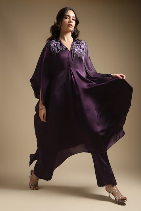 Sakshi Khetterpal Purple Cotton, Satin Crystals, Cut Work, Gothic Embroidered Kaftan And Pant Set Online at Aza Fashions Sakshi Khetterpal_Purple Cotton, Satin Crystals, Cut Work, Gothic Embroidered Kaftan And Pant Set _Online_at_Aza_Fashions