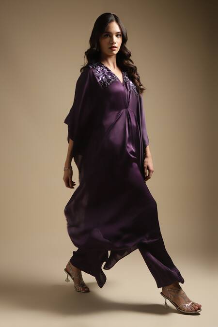 Shop Sakshi Khetterpal Purple Cotton, Satin Crystals, Cut Work, Gothic Embroidered Kaftan And Pant Set Online at Aza Fashions Shop_Sakshi Khetterpal_Purple Cotton, Satin Crystals, Cut Work, Gothic Embroidered Kaftan And Pant Set _Online_at_Aza_Fashions