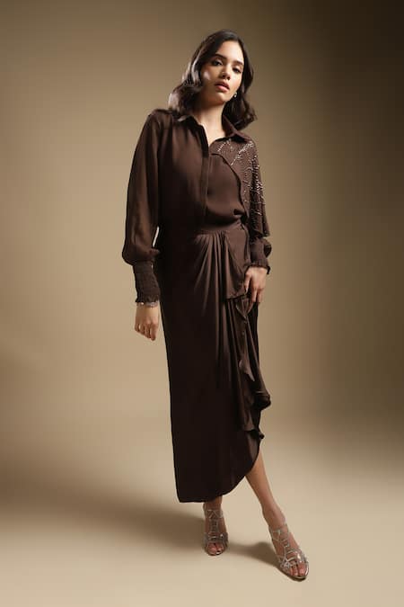 Sakshi Khetterpal_Brown Georgette, Satin Sequins, One Shoulder Shirt And Skirt Set _Online_at_Aza_Fashions