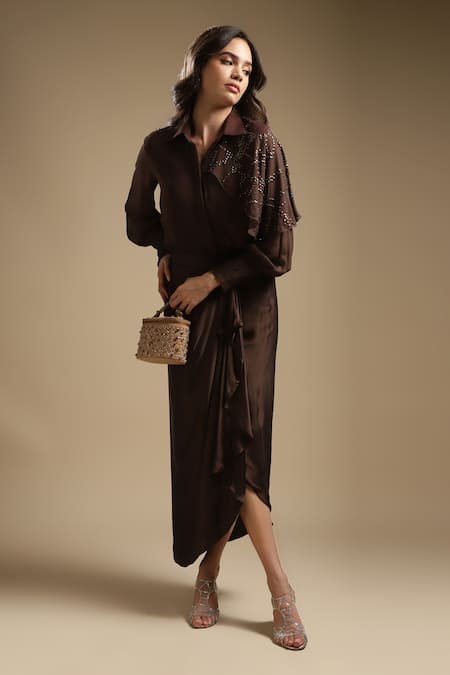 Buy_Sakshi Khetterpal_Brown Georgette, Satin Sequins, One Shoulder Shirt And Skirt Set _Online_at_Aza_Fashions