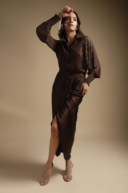 Shop_Sakshi Khetterpal_Brown Georgette, Satin Sequins, One Shoulder Shirt And Skirt Set _Online_at_Aza_Fashions