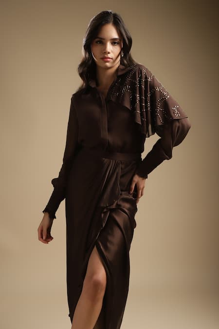 Sakshi Khetterpal_Brown Georgette, Satin Sequins, One Shoulder Shirt And Skirt Set _at_Aza_Fashions