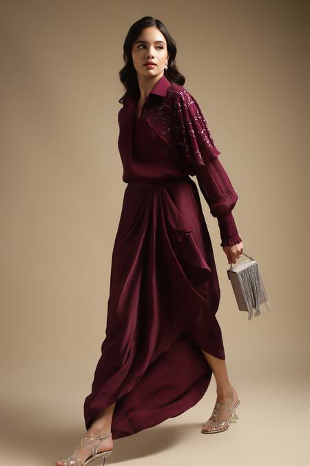 Sakshi Khetterpal_Wine Georgette, Satin One Shoulder Embroidered Shirt And Skirt Set _Online_at_Aza_Fashions