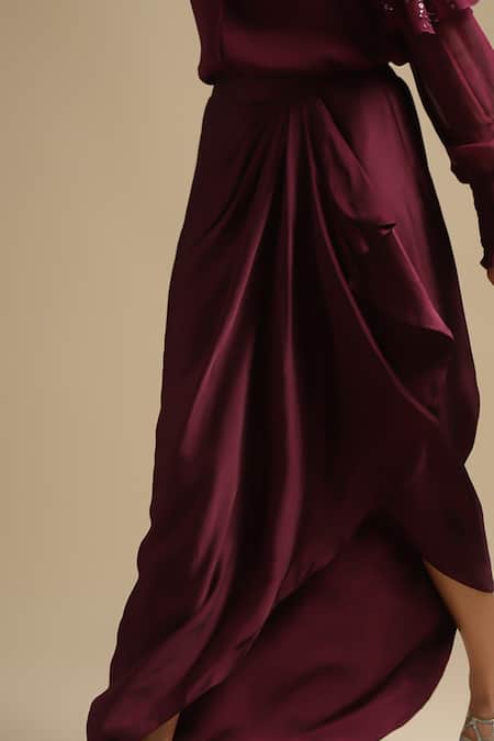 Buy_Sakshi Khetterpal_Wine Georgette, Satin One Shoulder Embroidered Shirt And Skirt Set _Online_at_Aza_Fashions