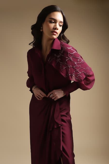 Shop_Sakshi Khetterpal_Wine Georgette, Satin One Shoulder Embroidered Shirt And Skirt Set _Online_at_Aza_Fashions