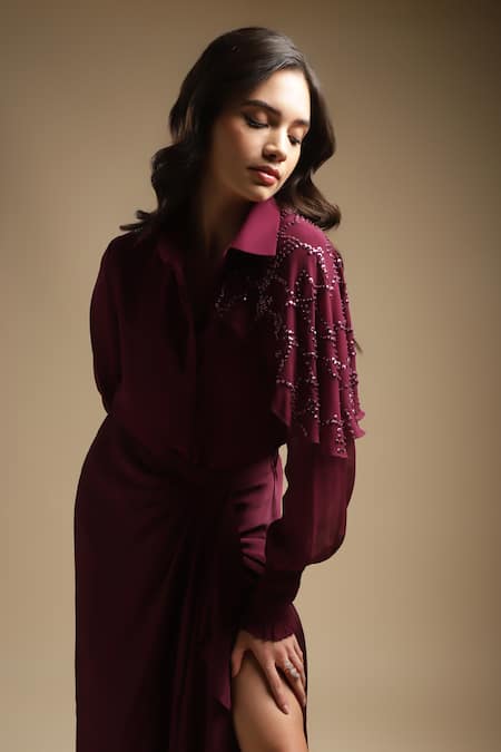 Sakshi Khetterpal_Wine Georgette, Satin One Shoulder Embroidered Shirt And Skirt Set _at_Aza_Fashions
