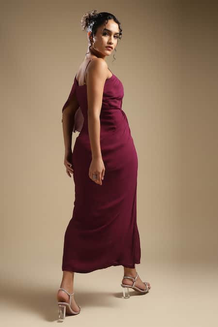 Shop Sakshi Khetterpal Wine Georgette Embroidery Sequin Asymmetric One Shoulder Draped Dress at Aza Fashions Shop_Sakshi Khetterpal_Wine Georgette Embroidery Sequin Asymmetric One Shoulder Draped Dress _at_Aza_Fashions