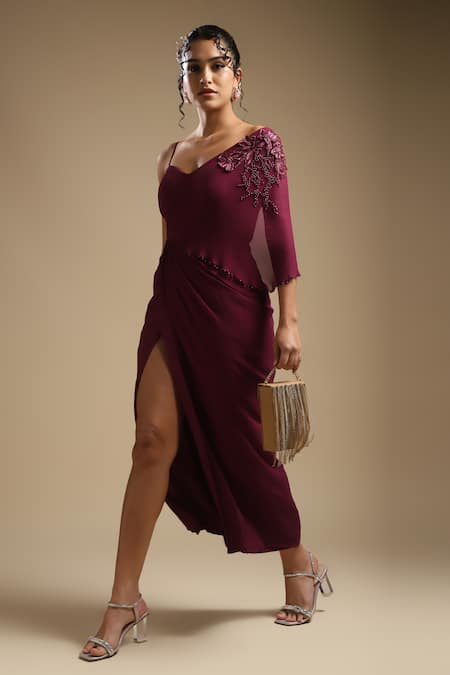Sakshi Khetterpal Wine Georgette Embroidery Sequin Asymmetric One Shoulder Draped Dress Online at Aza Fashions Sakshi Khetterpal_Wine Georgette Embroidery Sequin Asymmetric One Shoulder Draped Dress _Online_at_Aza_Fashions