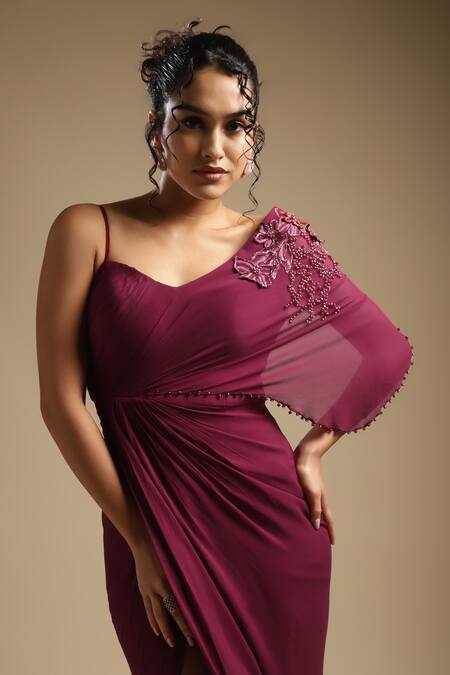 Shop Sakshi Khetterpal Wine Georgette Embroidery Sequin Asymmetric One Shoulder Draped Dress Online at Aza Fashions Shop_Sakshi Khetterpal_Wine Georgette Embroidery Sequin Asymmetric One Shoulder Draped Dress _Online_at_Aza_Fashions