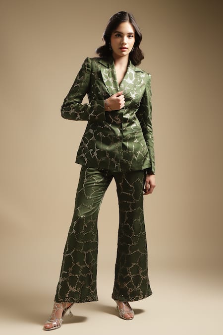 Sakshi Khetterpal Green Satin Linen Embroidery Sequin Notched Lapel Blazer And Bell Bottom Pant Set 