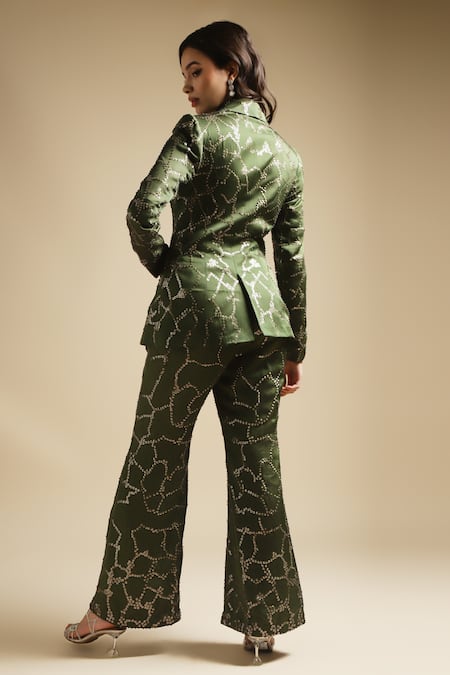 Shop Sakshi Khetterpal Green Satin Linen Embroidery Sequin Notched Lapel Blazer And Bell Bottom Pant Set at Aza Fashions Shop_Sakshi Khetterpal_Green Satin Linen Embroidery Sequin Notched Lapel Blazer And Bell Bottom Pant Set _at_Aza_Fashions