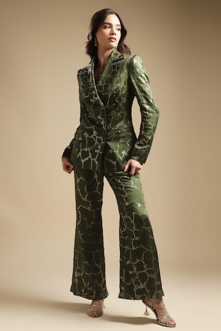 Sakshi Khetterpal Green Satin Linen Embroidery Sequin Notched Lapel Blazer And Bell Bottom Pant Set Online at Aza Fashions Sakshi Khetterpal_Green Satin Linen Embroidery Sequin Notched Lapel Blazer And Bell Bottom Pant Set _Online_at_Aza_Fashions