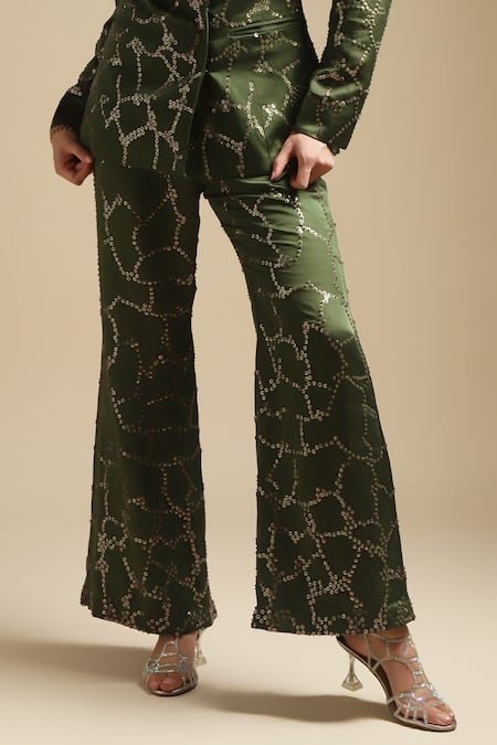 Buy Sakshi Khetterpal Green Satin Linen Embroidery Sequin Notched Lapel Blazer And Bell Bottom Pant Set Online at Aza Fashions Buy_Sakshi Khetterpal_Green Satin Linen Embroidery Sequin Notched Lapel Blazer And Bell Bottom Pant Set _Online_at_Aza_Fashions