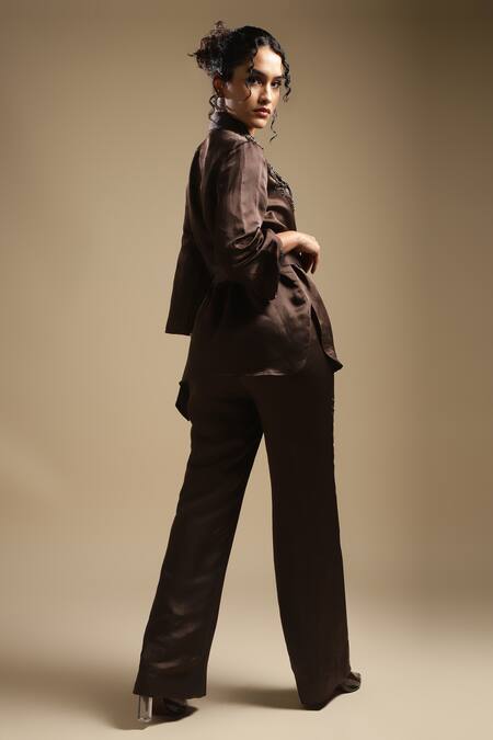 Buy Sakshi Khetterpal Brown Satin, Cotton, Linen Embroidery, Sequins, Cut Placement Blazer And Pant Set Online at Aza Fashions Buy_Sakshi Khetterpal_Brown Satin, Cotton, Linen Embroidery, Sequins, Cut Placement Blazer And Pant Set _Online_at_Aza_Fashions