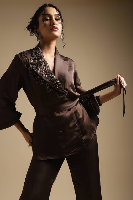 Shop Sakshi Khetterpal Brown Satin, Cotton, Linen Embroidery, Sequins, Cut Placement Blazer And Pant Set Online at Aza Fashions Shop_Sakshi Khetterpal_Brown Satin, Cotton, Linen Embroidery, Sequins, Cut Placement Blazer And Pant Set _Online_at_Aza_Fashions