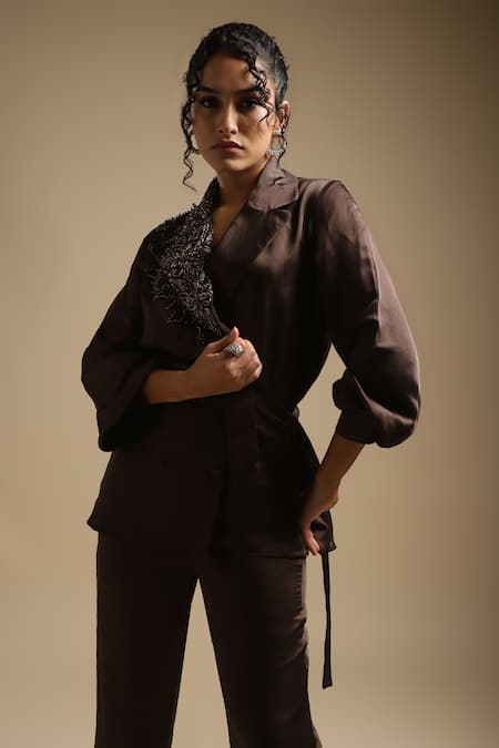 Sakshi Khetterpal Brown Satin, Cotton, Linen Embroidery, Sequins, Cut Placement Blazer And Pant Set at Aza Fashions Sakshi Khetterpal_Brown Satin, Cotton, Linen Embroidery, Sequins, Cut Placement Blazer And Pant Set _at_Aza_Fashions