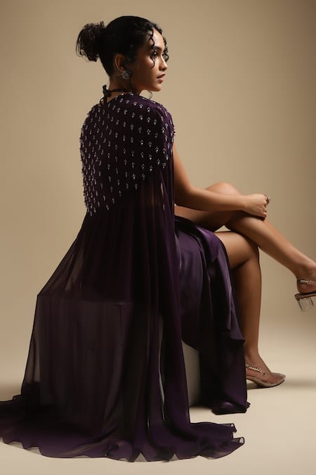 Shop_Sakshi Khetterpal_Purple Cape And Bustier Georgette Embroidery Sequin Cape Open Draped Skirt Set _at_Aza_Fashions