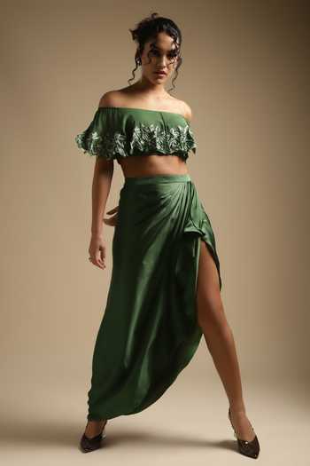 Buy_Sakshi Khetterpal_Green Georgette Sequins, Cut Work Off Embroidered Top And Draped Skirt Set _Online_at_Aza_Fashions