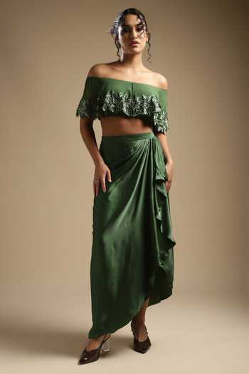 Shop_Sakshi Khetterpal_Green Georgette Sequins, Cut Work Off Embroidered Top And Draped Skirt Set _Online_at_Aza_Fashions