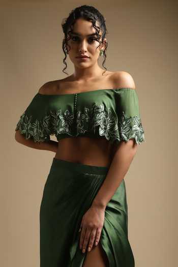 Sakshi Khetterpal_Green Georgette Sequins, Cut Work Off Embroidered Top And Draped Skirt Set _at_Aza_Fashions