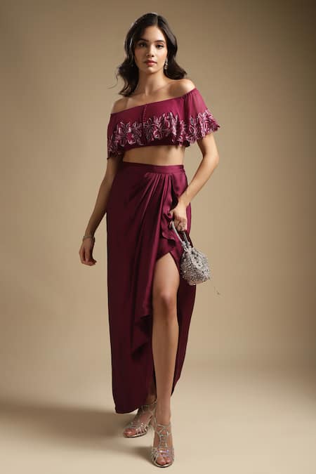 Sakshi Khetterpal Wine Top Georgette Embroidery Sequin Off Shoulder Floral And Draped Skirt Set 