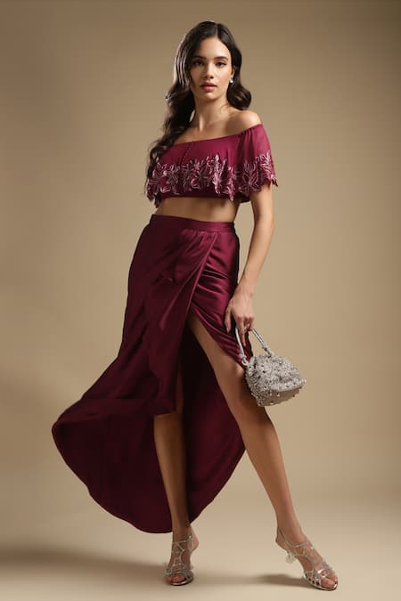 Sakshi Khetterpal_Wine Georgette, Silk Sequins, Cut Work, Off Floral Top And Draped Skirt Set _Online_at_Aza_Fashions