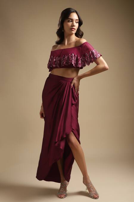 Buy_Sakshi Khetterpal_Wine Georgette, Silk Sequins, Cut Work, Off Floral Top And Draped Skirt Set _Online_at_Aza_Fashions