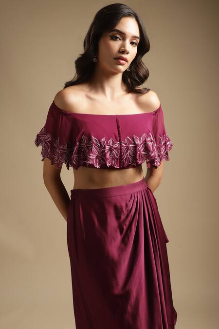Shop_Sakshi Khetterpal_Wine Georgette, Silk Sequins, Cut Work, Off Floral Top And Draped Skirt Set _Online_at_Aza_Fashions