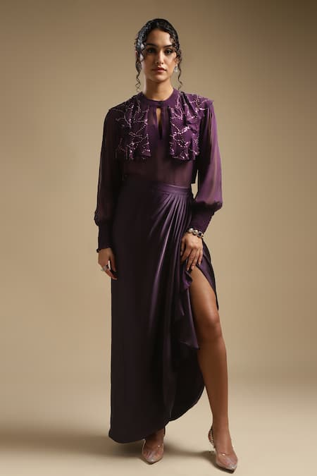 Sakshi Khetterpal Purple Shirt Georgette Embroidery Sequin Keyhole Ruffle And Draped Skirt Set 