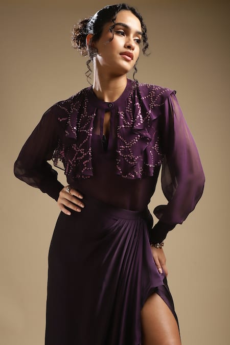 Buy_Sakshi Khetterpal_Purple Georgette, Satin Sequins, Cut Work, Ruffle Shirt And Draped Skirt Set _Online_at_Aza_Fashions