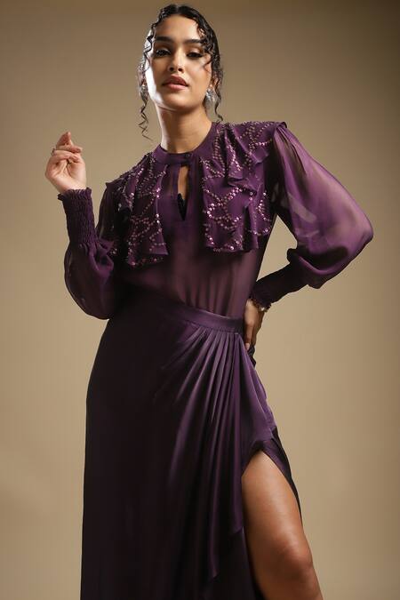 Shop_Sakshi Khetterpal_Purple Georgette, Satin Sequins, Cut Work, Ruffle Shirt And Draped Skirt Set _Online_at_Aza_Fashions