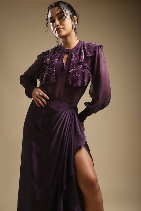 Sakshi Khetterpal_Purple Georgette, Satin Sequins, Cut Work, Ruffle Shirt And Draped Skirt Set _at_Aza_Fashions