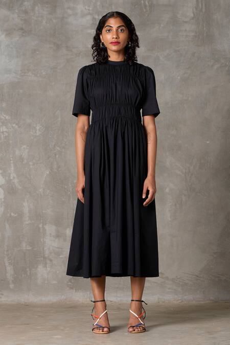 The Summer House_Black Cotton Round Neck Mo Solid Dress With Slip_Online_at_Aza_Fashions