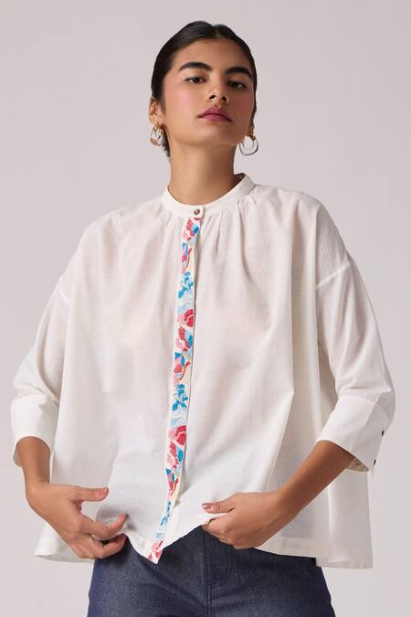 Buy The Summer House White , Handloom Embroidery Bandeau Neck Mohar Placket Top Online at Aza Fashions Buy_The Summer House_White , Handloom Embroidery Bandeau Neck Mohar Placket Top _Online_at_Aza_Fashions