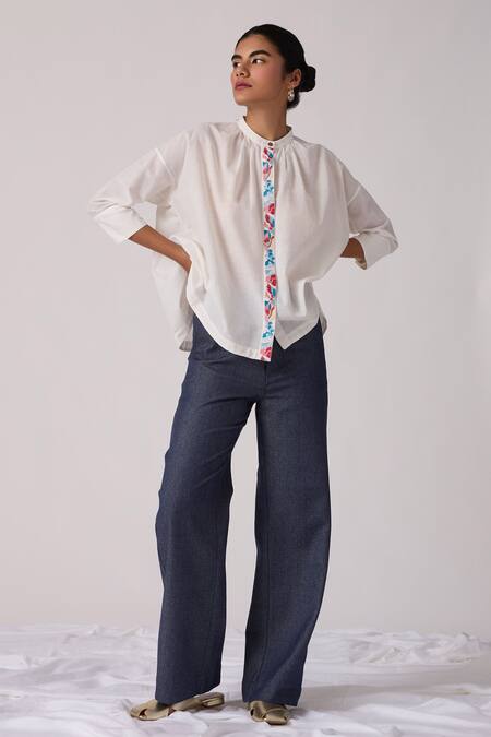 The Summer House White , Handloom Embroidery Bandeau Neck Mohar Placket Top at Aza Fashions The Summer House_White , Handloom Embroidery Bandeau Neck Mohar Placket Top _at_Aza_Fashions